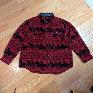 Vintage Bit & Bridle Red And Black Western Horse Print ButtonDown Shacket Shirt
